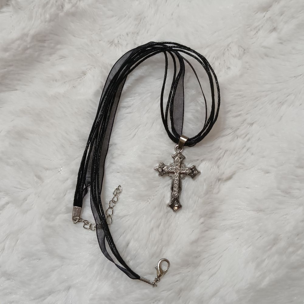 Black Ribbon Silver Rhinestone Cross Necklace - Picture 3 of 6